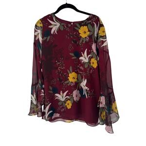 NWOT Vince Camuto Burgundy Floral Bell Sleeve Blouse Size Medium